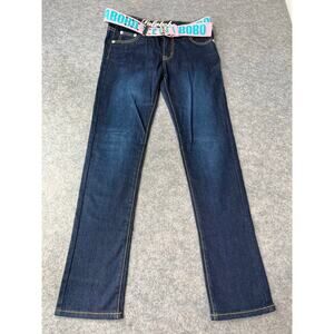 LALABOBO Womens Dark Wash Flare Leg Logo Denim Jeans with Pink Belt Size 28 RARE
